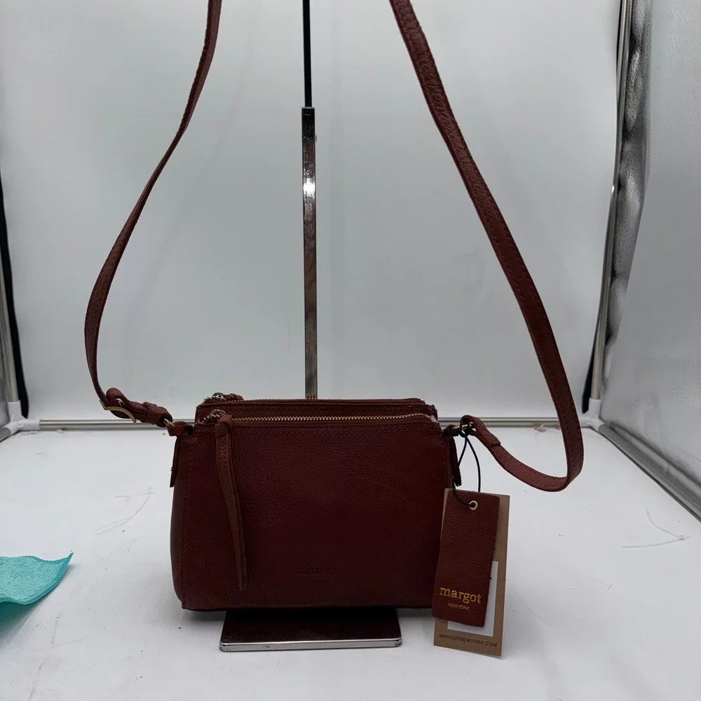 Margot New York Jules Double Zip Leather Crossbody Bag Brown - Picture 2 of 11